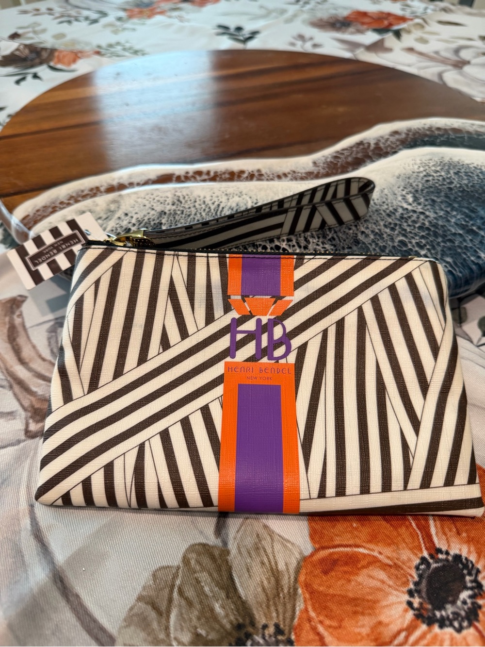 Henri Bendel ‘HB’ Black & White Striped Wristlet with Purple and Orange Accents